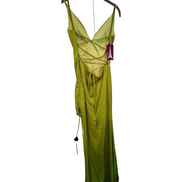 Abby Paris Sz 6 Cowl Neck Corset Back Neon Green Long Gown w/ Ruched Side‎ NEW! - Picture 7 of 7